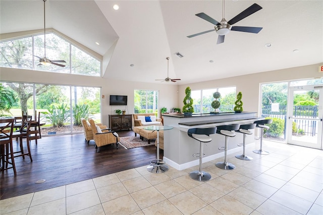 living room featuring light wood-type flooring, ceiling fan, and a healthy amount of sunlight