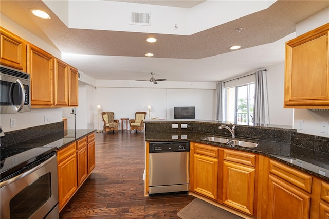 kitchen with stainless steel appliances, a textured ceiling, ceiling fan, dark hardwood / wood-style floors, and sink