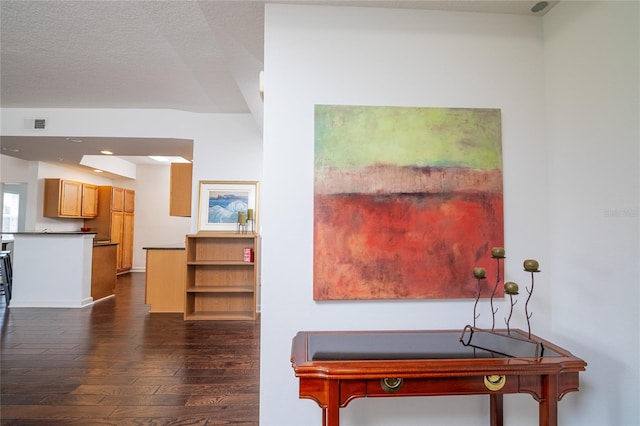 interior space featuring a textured ceiling and dark wood-type flooring