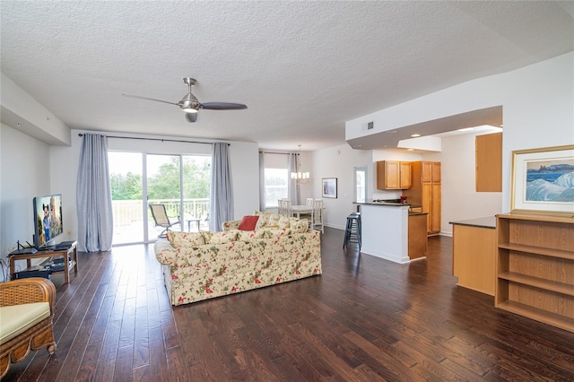 4177 N Orange Blossom Trl Unit 210, Orlando, FL 32804 - living room featuring dark wood-style floors, ceiling fan, a textured ceiling, and a chandelier