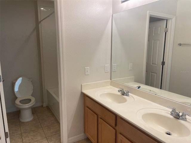 full bathroom with tile patterned flooring, vanity, toilet, and washtub / shower combination