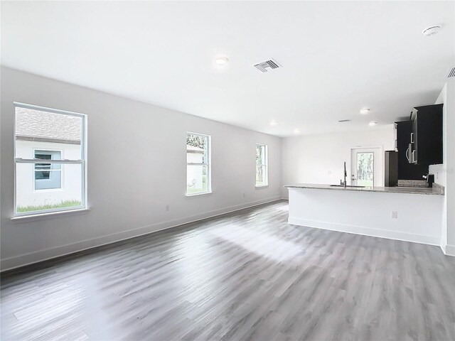 unfurnished living room featuring a healthy amount of sunlight, dark hardwood / wood-style floors, and sink