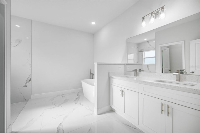 bathroom with vanity and plus walk in shower