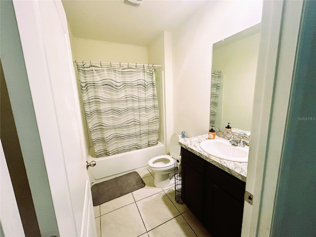 full bathroom with tile patterned flooring, vanity, toilet, and shower / bathtub combination with curtain