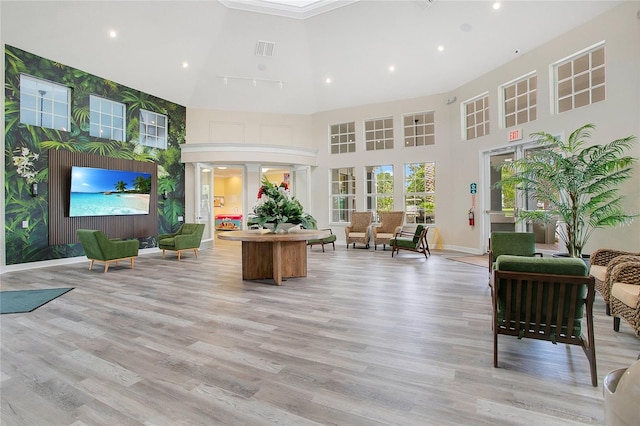 living room with a towering ceiling and light hardwood / wood-style flooring