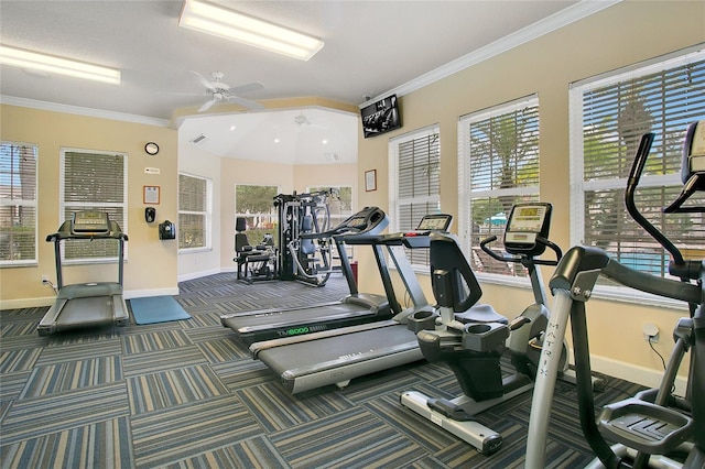 exercise room with ceiling fan, dark colored carpet, and ornamental molding