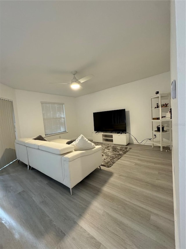 living room with hardwood / wood-style floors and ceiling fan