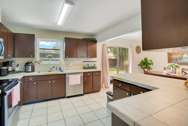 kitchen featuring a healthy amount of sunlight, dark brown cabinetry, sink, and stainless steel appliances