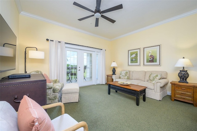 living room featuring ceiling fan, carpet floors, crown molding, and french doors