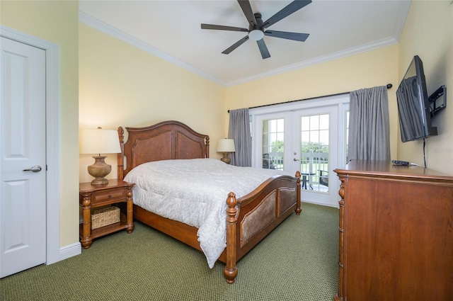 bedroom with ceiling fan, access to outside, french doors, dark colored carpet, and crown molding