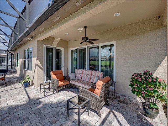 view of patio featuring ceiling fan and an outdoor hangout area