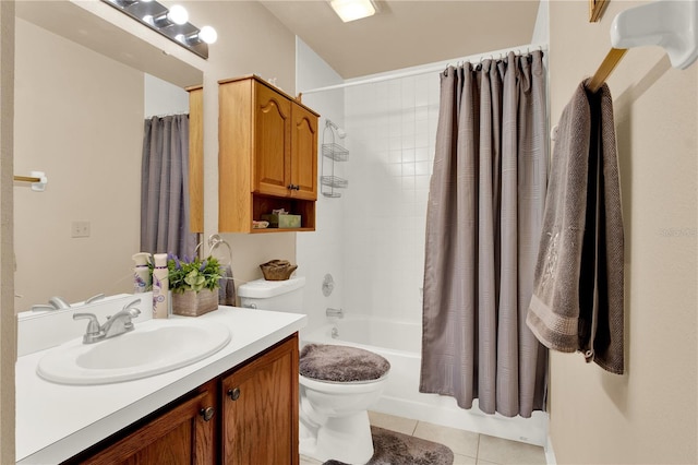 full bathroom with shower / bath combination with curtain, vanity, toilet, and tile patterned floors