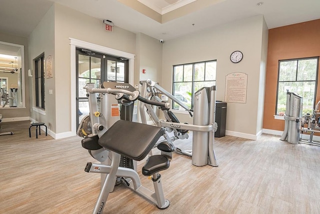 exercise room with light wood-type flooring and ceiling fan