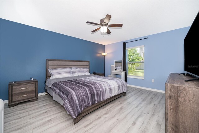 bedroom featuring light hardwood / wood-style floors and ceiling fan