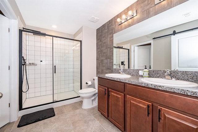 bathroom with vanity, toilet, an enclosed shower, and tile patterned floors