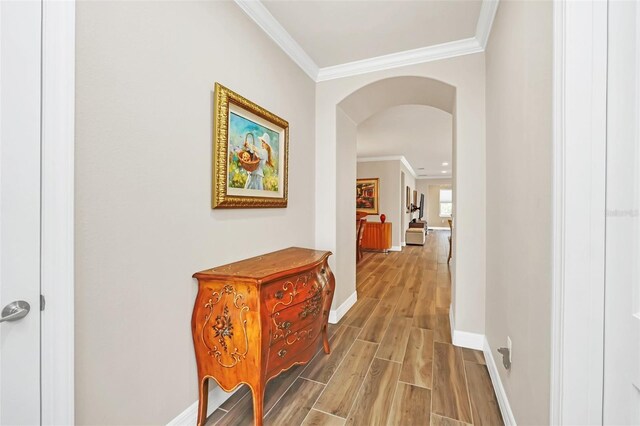 hallway with ornamental molding and wood-type flooring