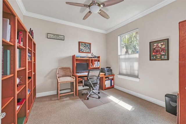 carpeted office space featuring ceiling fan and crown molding