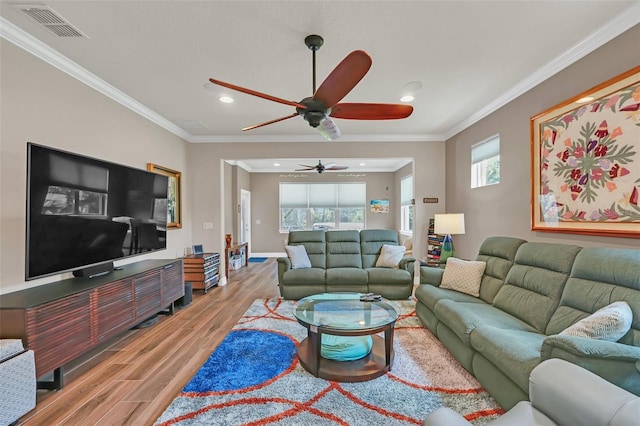 living room featuring ceiling fan, crown molding, and light hardwood / wood-style floors