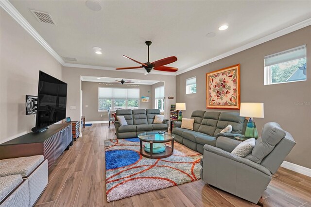 living room with light hardwood / wood-style flooring, a wealth of natural light, ceiling fan, and crown molding