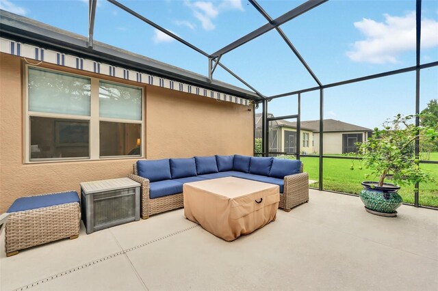 view of patio / terrace with outdoor lounge area and glass enclosure