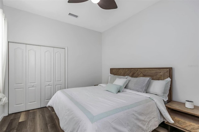 2228 Valrico Forest Dr, Valrico, FL 33594 - bedroom featuring ceiling fan, a closet, dark hardwood / wood-style floors, and vaulted ceiling