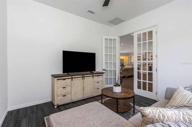 2228 Valrico Forest Dr, Valrico, FL 33594 - living room with french doors, dark hardwood / wood-style floors, and ceiling fan