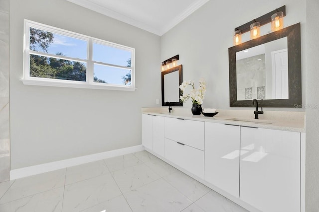 bathroom with crown molding and vanity