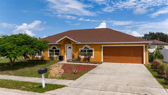 ranch-style home featuring a garage and a front lawn