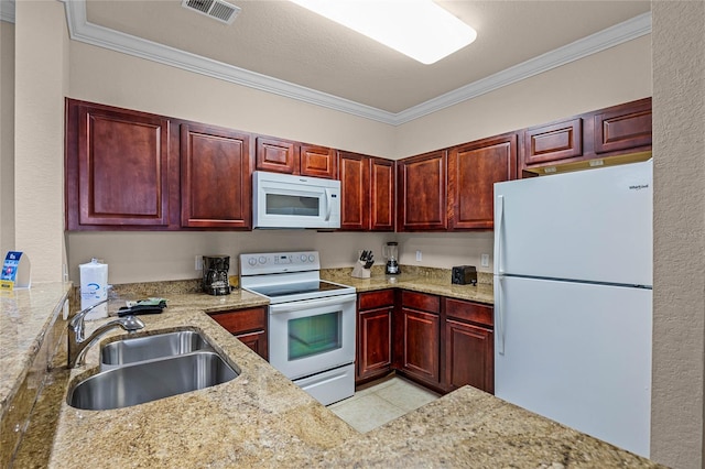 kitchen with light stone countertops, crown molding, sink, and white appliances