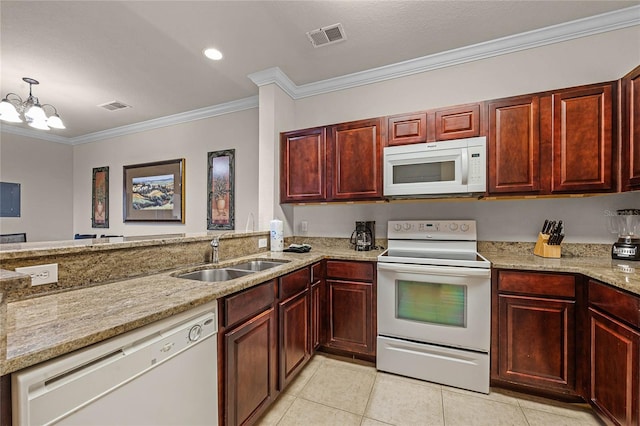 kitchen featuring light stone counters, sink, an inviting chandelier, white appliances, and ornamental molding