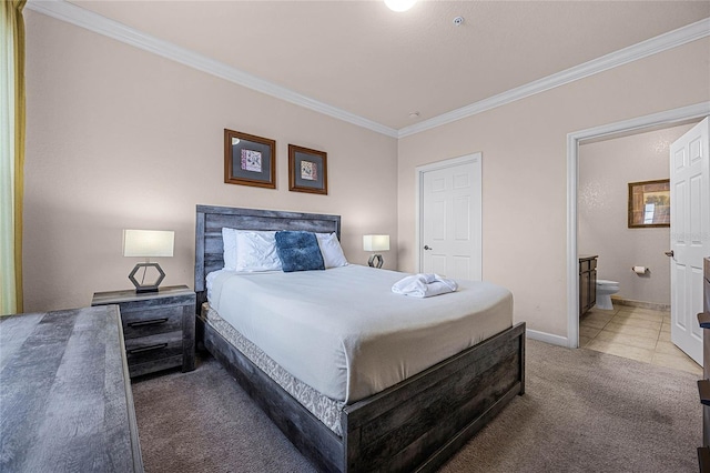 bedroom with light carpet, connected bathroom, and crown molding