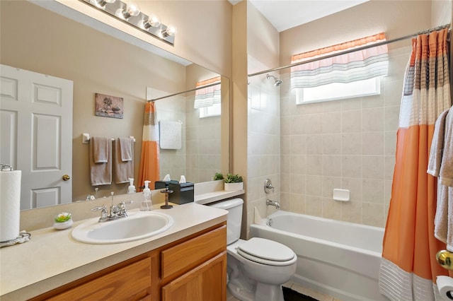 full bathroom with vanity, toilet, and shower / bathtub combination with curtain