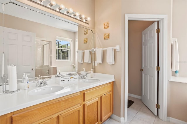 bathroom featuring plus walk in shower, tile patterned floors, and vanity