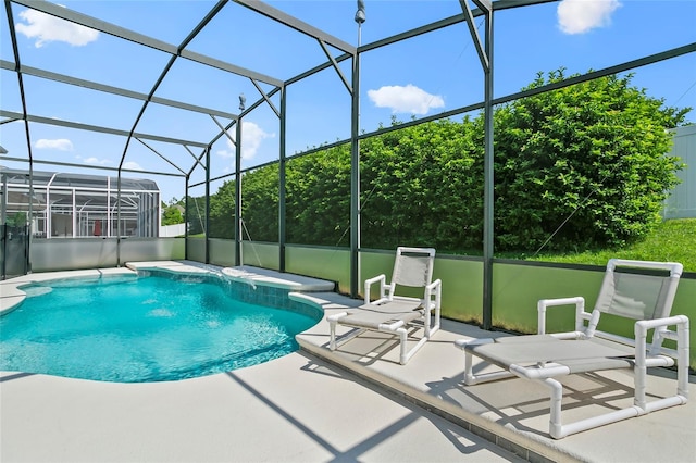 view of swimming pool with a lanai and a patio area