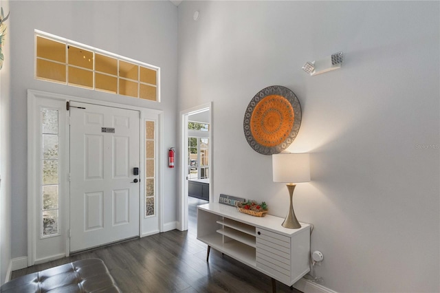 foyer entrance featuring a towering ceiling and dark hardwood / wood-style floors