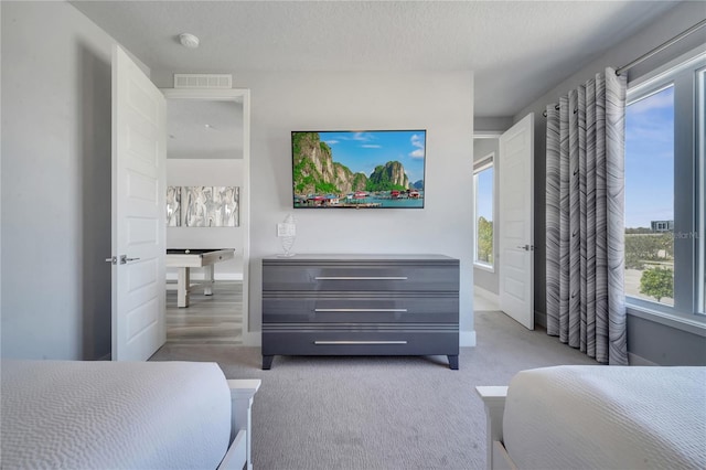 bedroom with multiple windows, a textured ceiling, and carpet floors