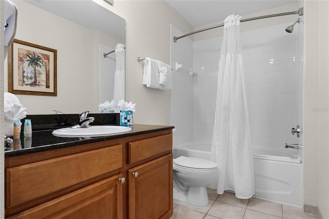 full bathroom with shower / bath combination with curtain, vanity, toilet, and tile patterned floors