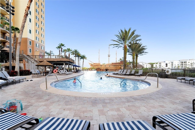 view of pool featuring a gazebo and a patio area