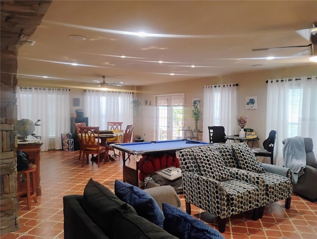 interior space with ceiling fan and billiards