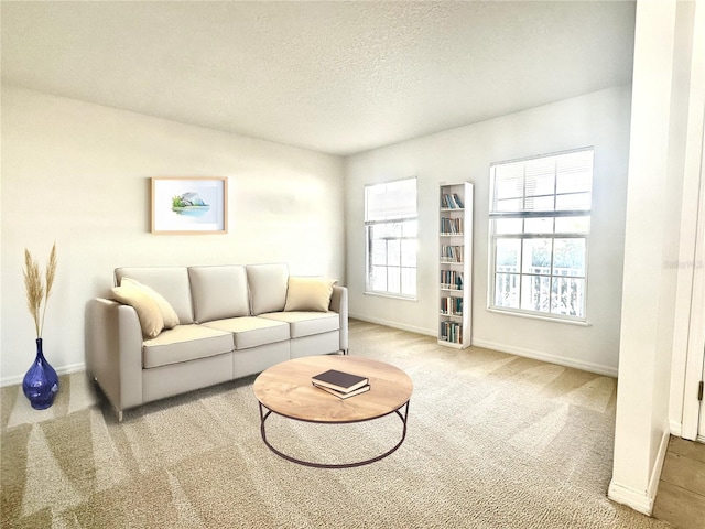 living area featuring baseboards, a textured ceiling, and carpet flooring