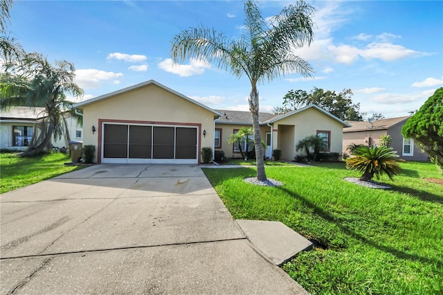 ranch-style house featuring stucco siding, an attached garage, concrete driveway, and a front yard