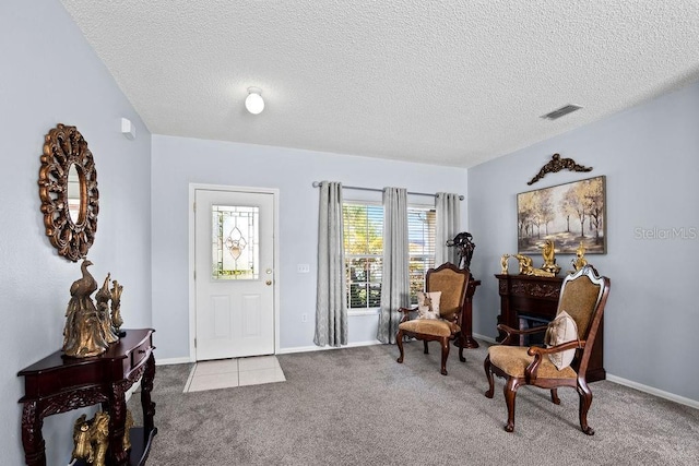 living area featuring visible vents, a textured ceiling, baseboards, and carpet floors