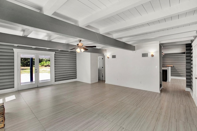 unfurnished living room with french doors, beamed ceiling, and ceiling fan