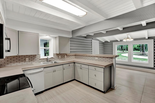 kitchen featuring backsplash, white dishwasher, gray cabinets, an inviting chandelier, and sink