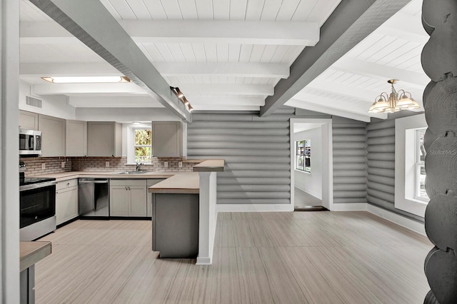 kitchen with gray cabinetry, stainless steel appliances, backsplash, and a wealth of natural light