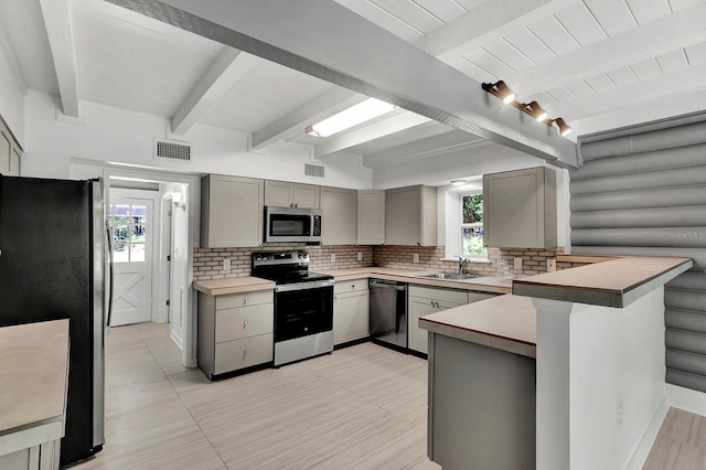 kitchen featuring sink, beam ceiling, kitchen peninsula, stainless steel appliances, and backsplash