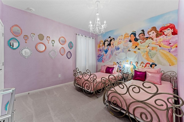 carpeted bedroom featuring an inviting chandelier