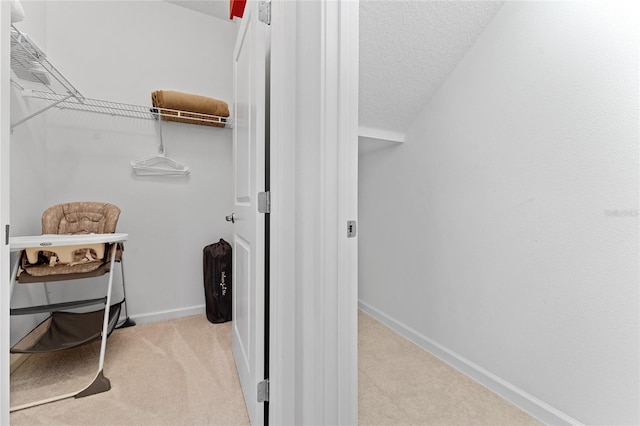 walk in closet with light carpet