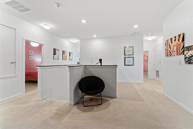 hall featuring light colored carpet and a textured ceiling