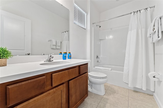 full bathroom with vanity, toilet, shower / bathtub combination with curtain, and tile patterned flooring